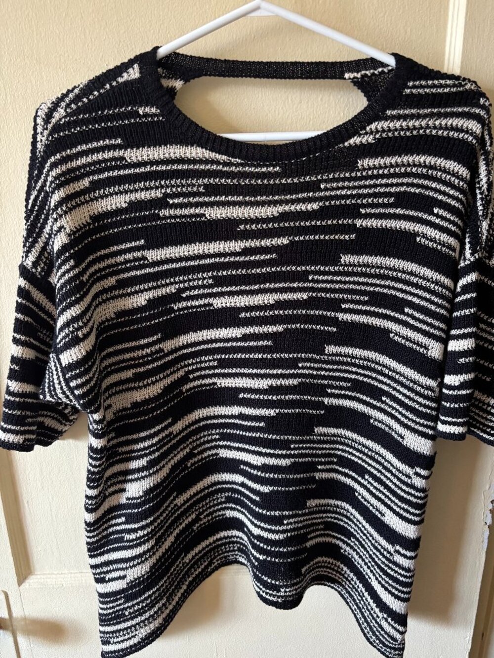 Eileen Fisher Black Marled Stripe V-Back Cotton Linen Sweater S EUC